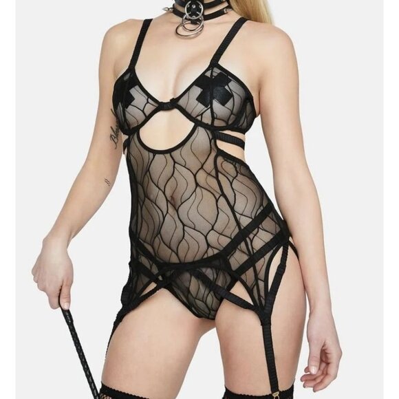 Forplay ✦ See Me Now Bustier Set ✦ Wave Mesh Lace Garters Satin Trim Thong S NWT - Picture 2 of 6